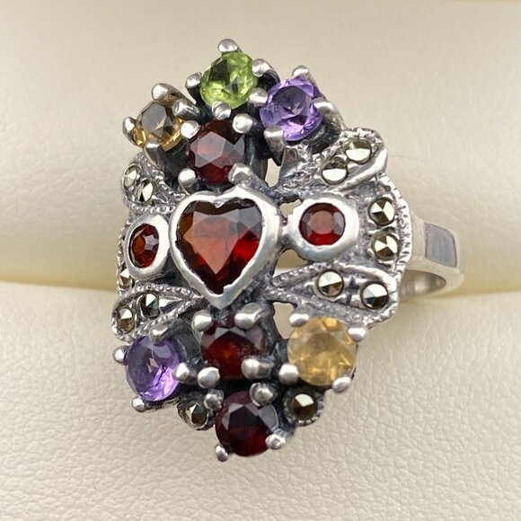 Heart Shaped Multi Gemstone Garnet Citrine Amethyst Sterling Silver Ring Sz. 5 - Picture 2 of 15